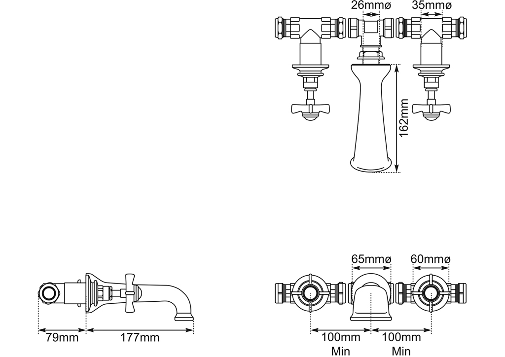 3 Hole Wall Mounted Bath Filler Dimensions
