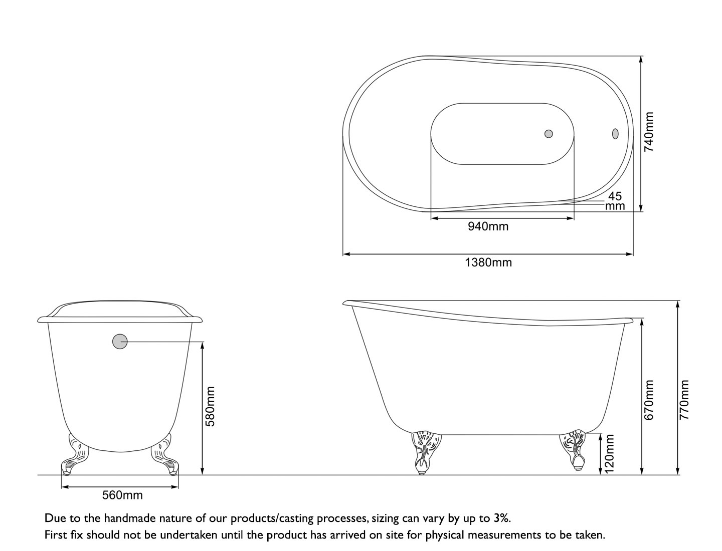 Lorenzo Cast Iron Bath Without Tap Holes Measurements