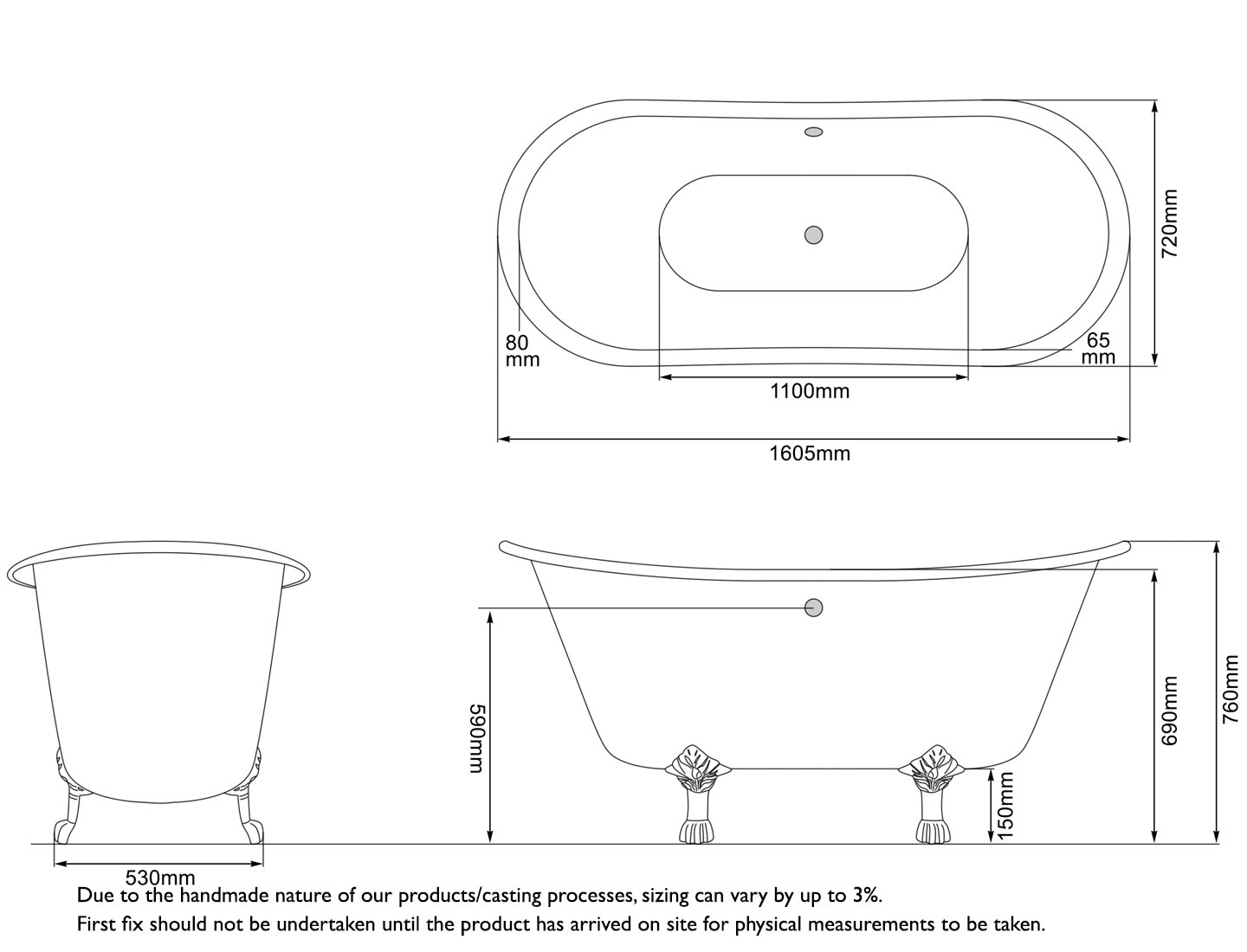 Marino Cast Iron Bath Without Tap Holes Measurements