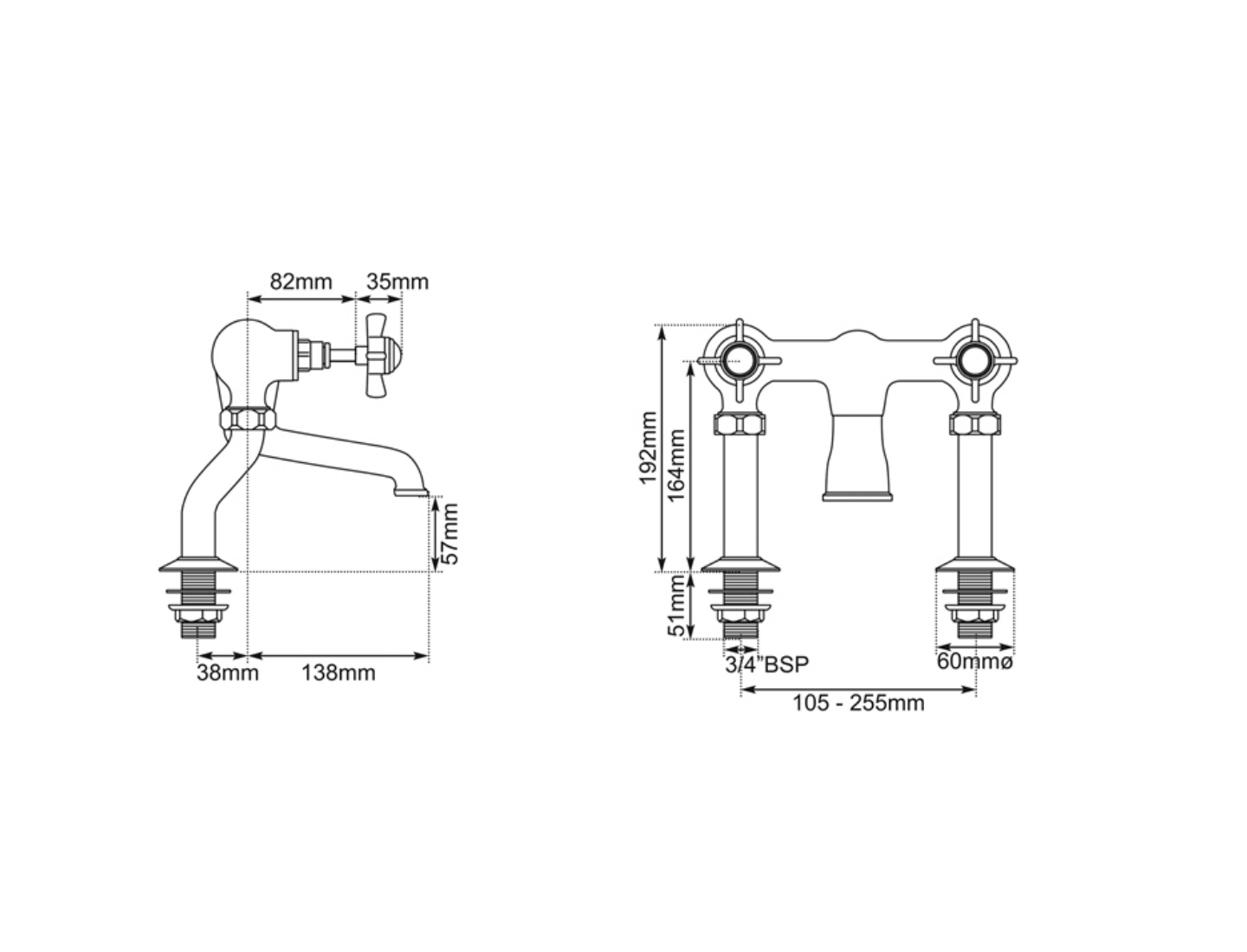 Bath Filler Deck Mounted Dimensions