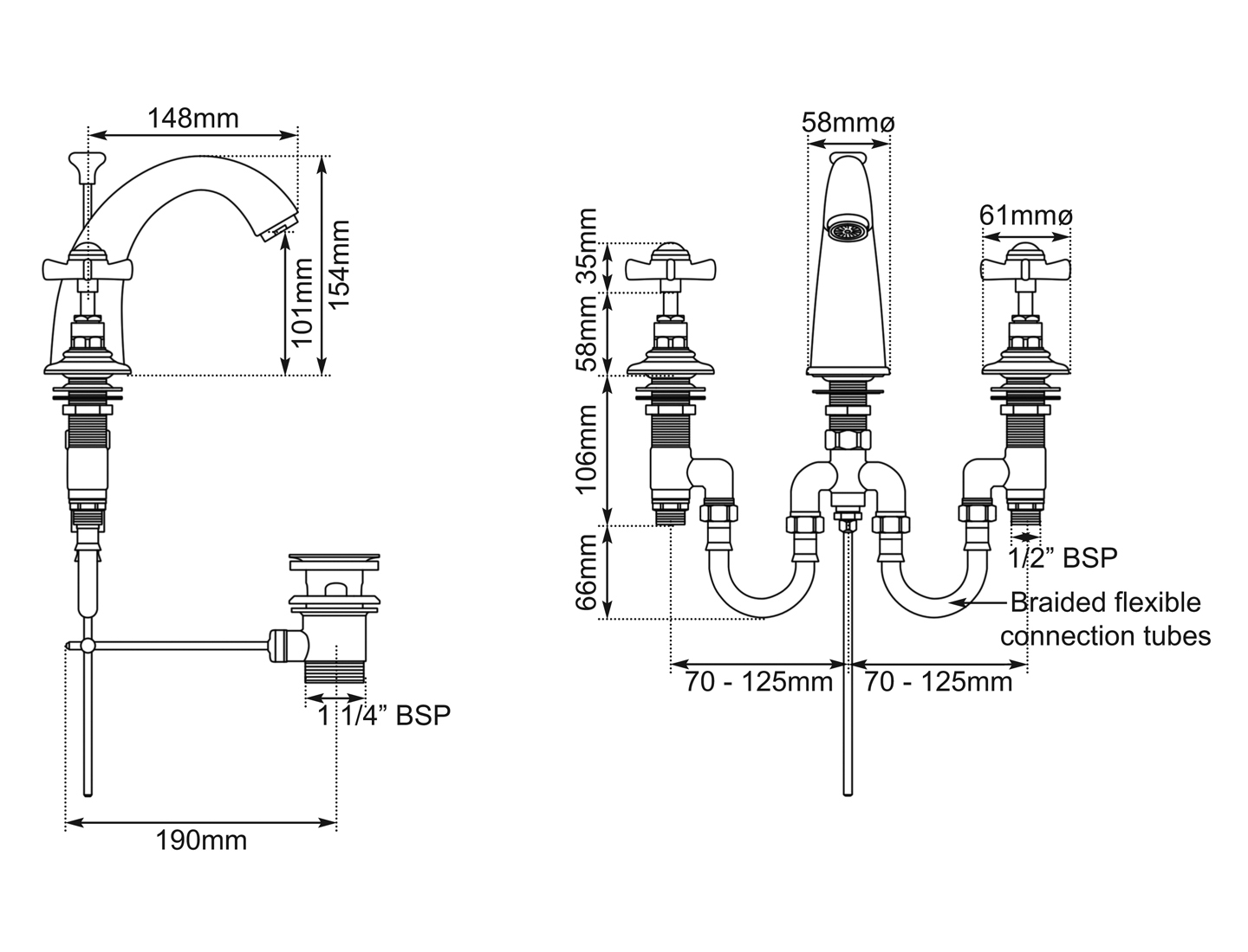 Classical Spout Basin Mixer Taps Copper Measurements