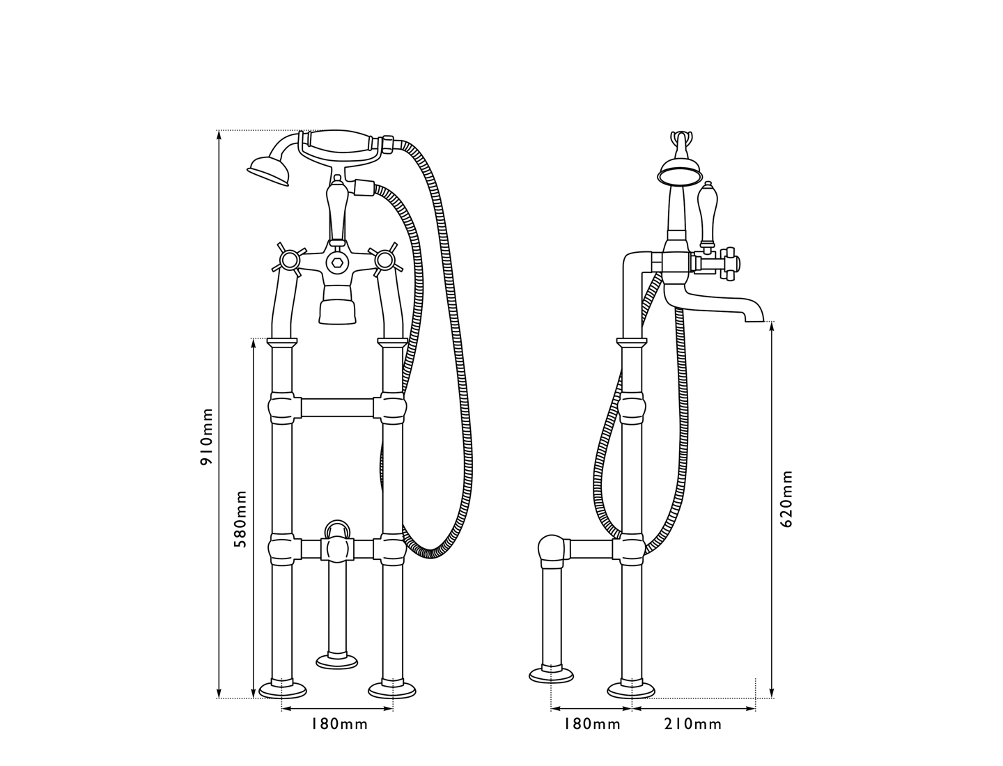 Freestanding Bath Shower Mixer Taps With Support 580Mm Measurements