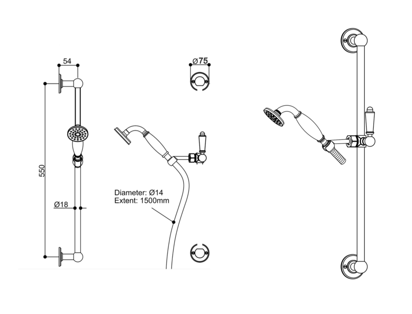 Handheld Shower With Slider Diverter Dimensions