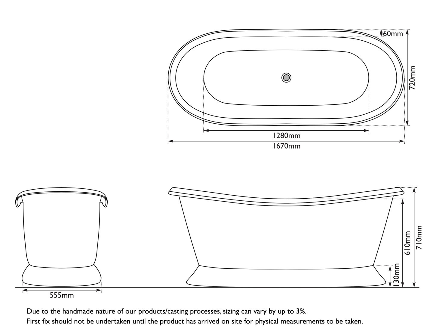 Copper Bateau Nickel Interior Bath Measurements